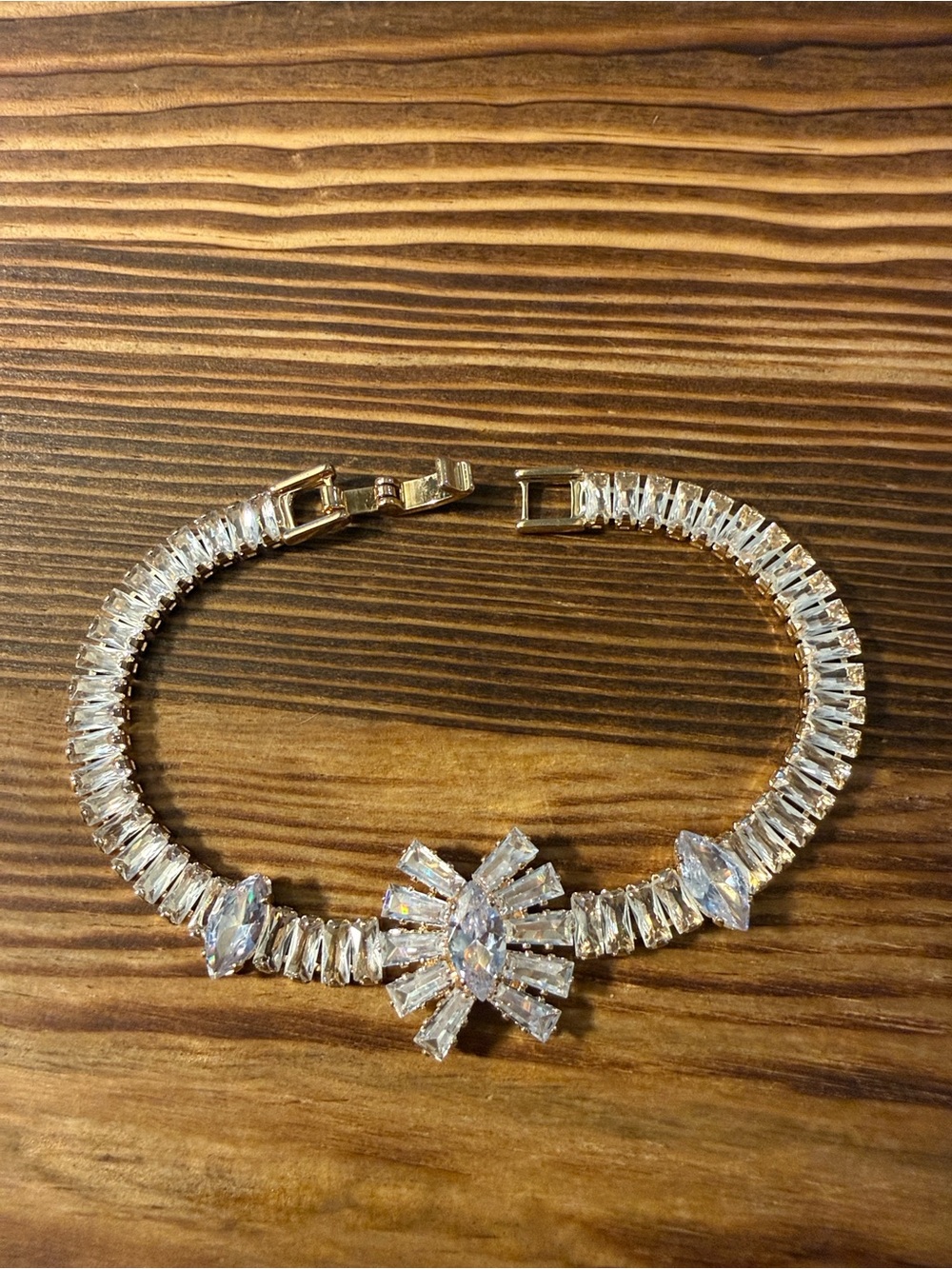 Gold Plated Crystal Clear Bracelet - Statement Tennis Bracelet - Picture 5 of 14